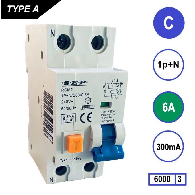 SEP aardlekautomaat / 6A, 300mA, C-kar, 1P+N / RCM2-C06.30