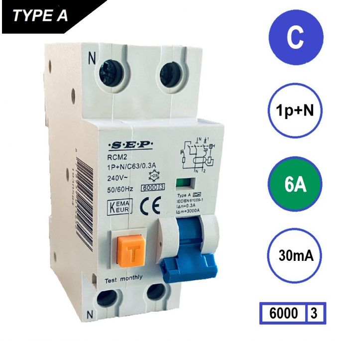 SEP aardlekautomaat / 6A, 30mA, C-kar, 1P+N / RCM2-C06.03