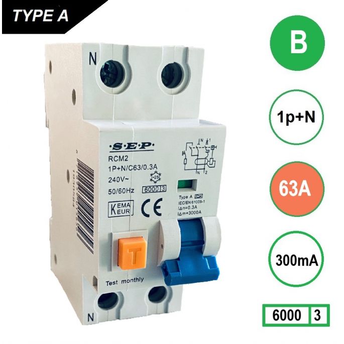 SEP aardlekautomaat / 63A, 300mA, B-kar, 1P+N / RCM2-B63.30