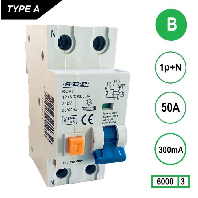 SEP aardlekautomaat / 50A, 300mA, B-kar, 1P+N / RCM2-B50.30