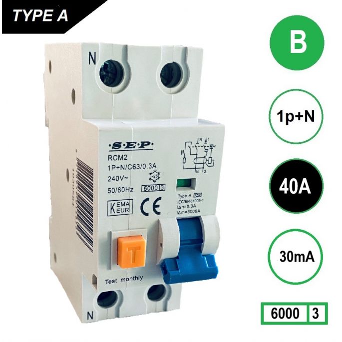 SEP aardlekautomaat / 40A, 30mA, B-kar, 1P+N / RCM2-B40.03