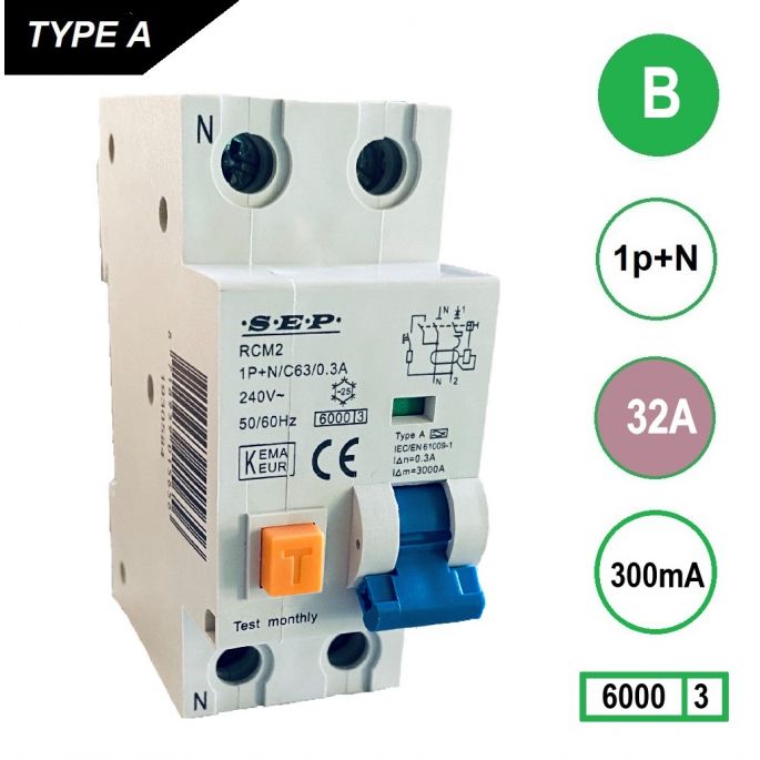 SEP aardlekautomaat / 32A, 300mA, B-kar, 1P+N / RCM2-B32.30