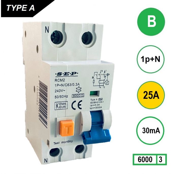 SEP aardlekautomaat / 25A, 30mA, B-kar, 1P+N / RCM2-B25.03