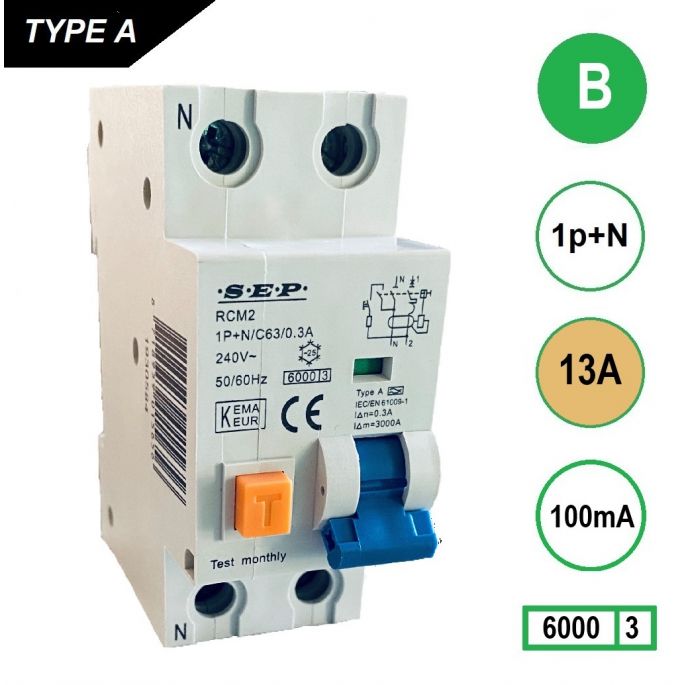 SEP aardlekautomaat / 13A, 100mA, B-kar, 1P+N / RCM2-B13.10