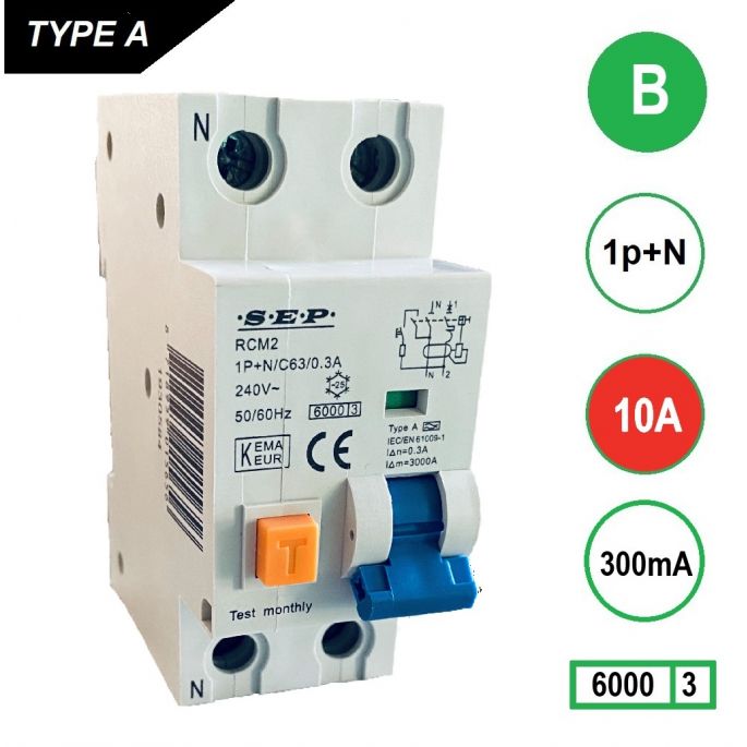 SEP aardlekautomaat / 10A, 300mA, B-kar, 1P+N / RCM2-B10.30