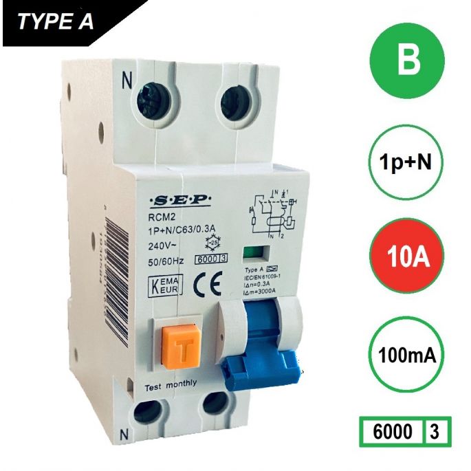 SEP aardlekautomaat / 10A, 100mA, B-kar, 1P+N / RCM2-B10.10