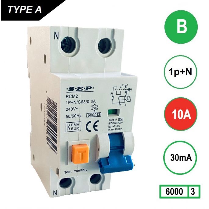 SEP aardlekautomaat / 10A, 30mA, B-kar, 1P+N / RCM2-B10.03