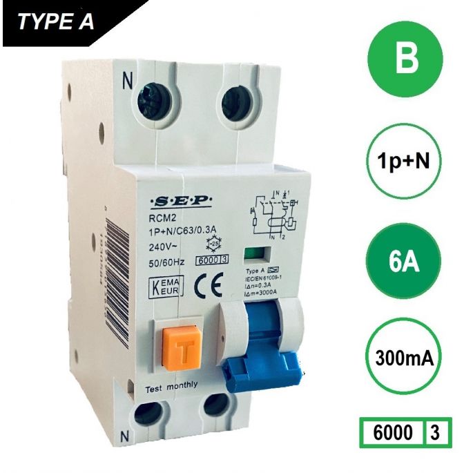 SEP aardlekautomaat / 6A, 300mA, B-kar, 1P+N / RCM2-B06.30