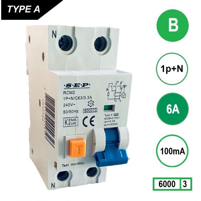 SEP aardlekautomaat / 6A, 100mA, B-kar, 1P+N / RCM2-B06.10