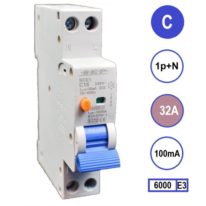 SEP aardlekautomaat / 32A, 100mA, C-kar, 1P+N (18mm) / RCE1-C32.10