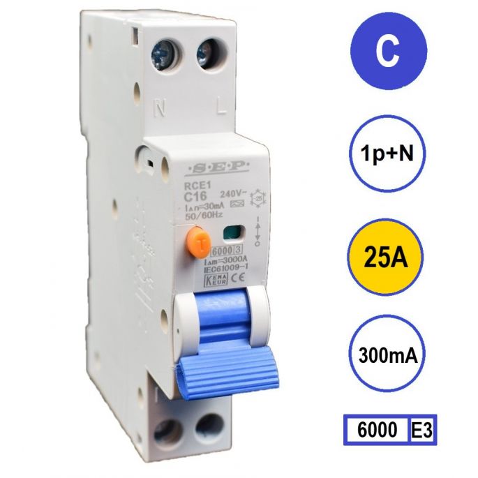 SEP aardlekautomaat / 25A, 300mA, C-kar, 1P+N (18mm) / RCE1-C25.30