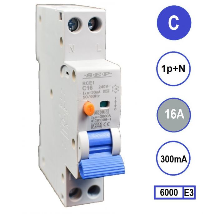 SEP aardlekautomaat / 16A, 300mA, C-kar, 1P+N (18mm) / RCE1-C16.30