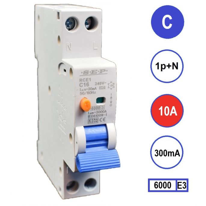 SEP aardlekautomaat / 10A, 300mA, B-kar, 1P+N (18mm) / RCE1-C10.30