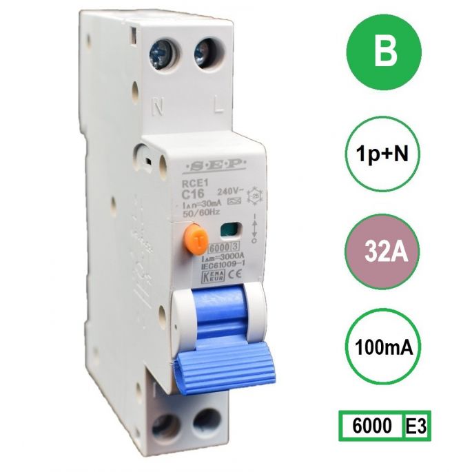 SEP aardlekautomaat / 32A, 100mA, B-kar, 1P+N (18mm) / RCE1-B32.10