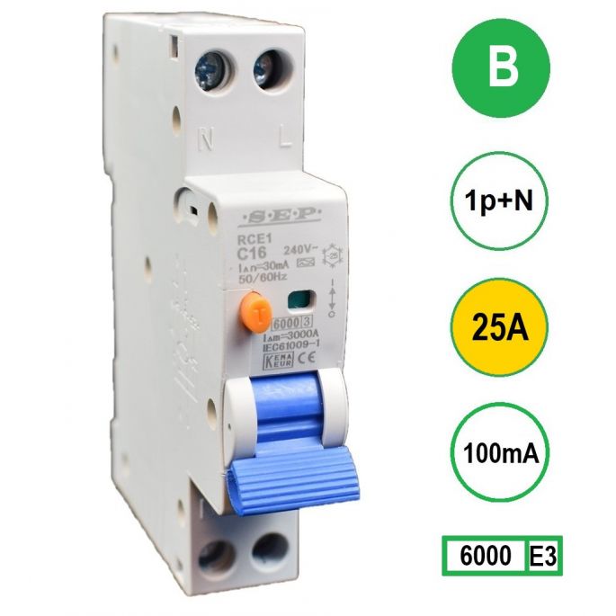 SEP aardlekautomaat / 25A, 100mA, B-kar, 1p+N (18mm) / RCE1-B25.10