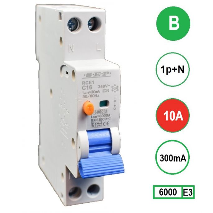 SEP aardlekautomaat / 10A, 300mA, B-kar, 1P+N (18mm) / RCE1-B10.30