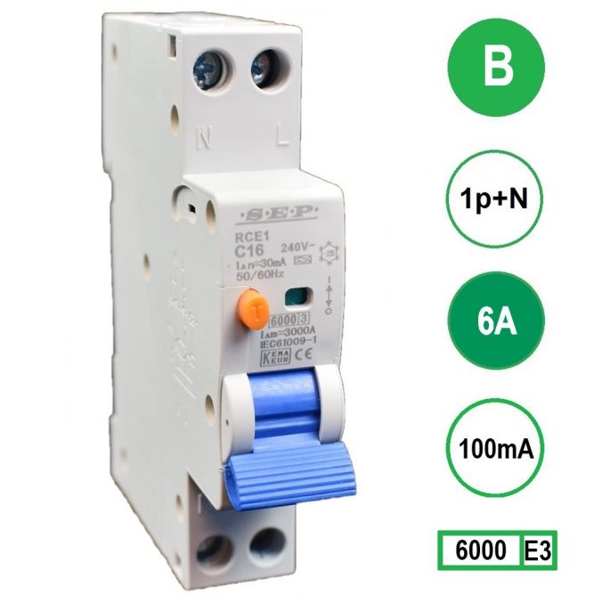 SEP aardlekautomaat / 6A, 100mA, B-kar, 1P+N (18mm) / RCE1-B06.10