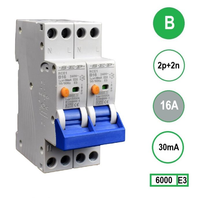 SEP aardlekautomaat / 16A, 30mA, B-kar, 2P+2N (36mm) / RCE1-2N-B16