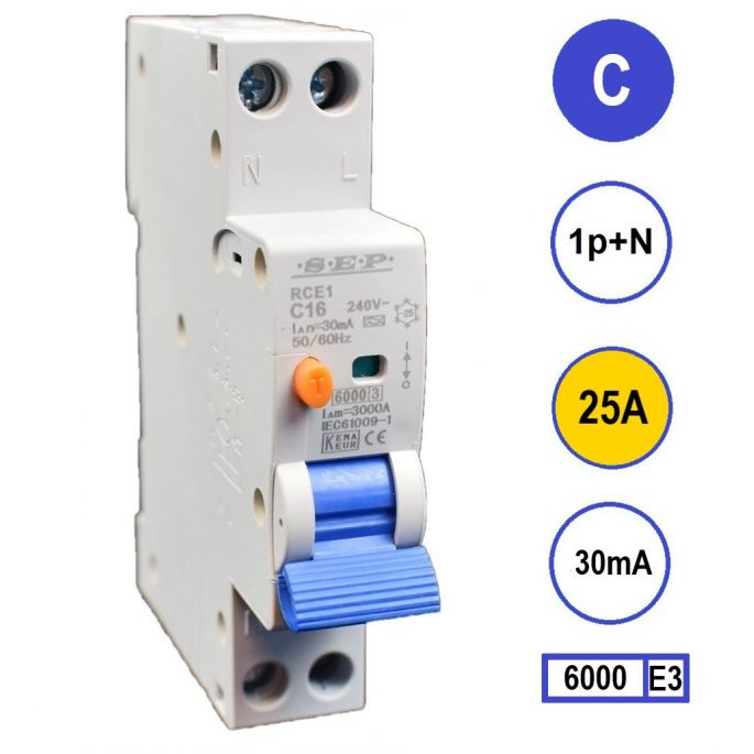 SEP aardlekautomaat / 25A, 30mA, C-kar, 1P+N (18mm) / RCE1-1NC25