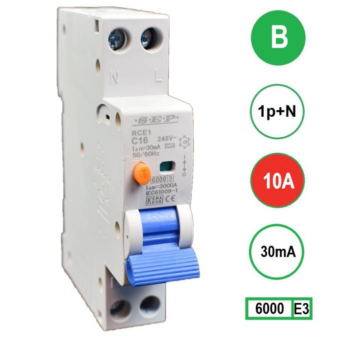 SEP aardlekautomaat / 10A, 30mA, B-kar, 1P+N (18mm) / RCE1-1NB10