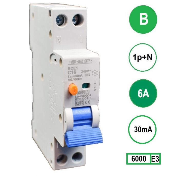 SEP aardlekautomaat / 6A, 30mA, B-kar, 1P+N (18mm) / RCE1-1NB06