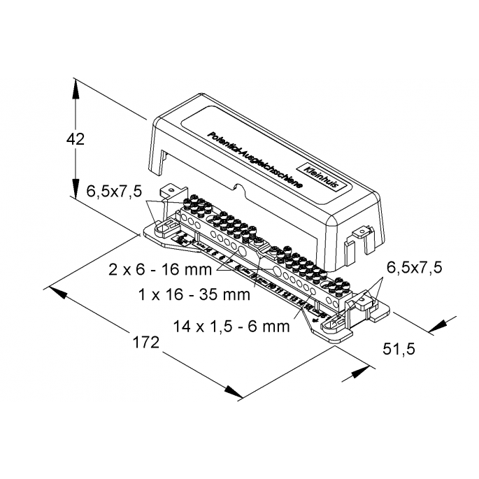 KLEINHUIS 2309 - Aardrail met 17 aansluitingen, 14x6mm² / 2x16mm² / 1x35mm² - 547016