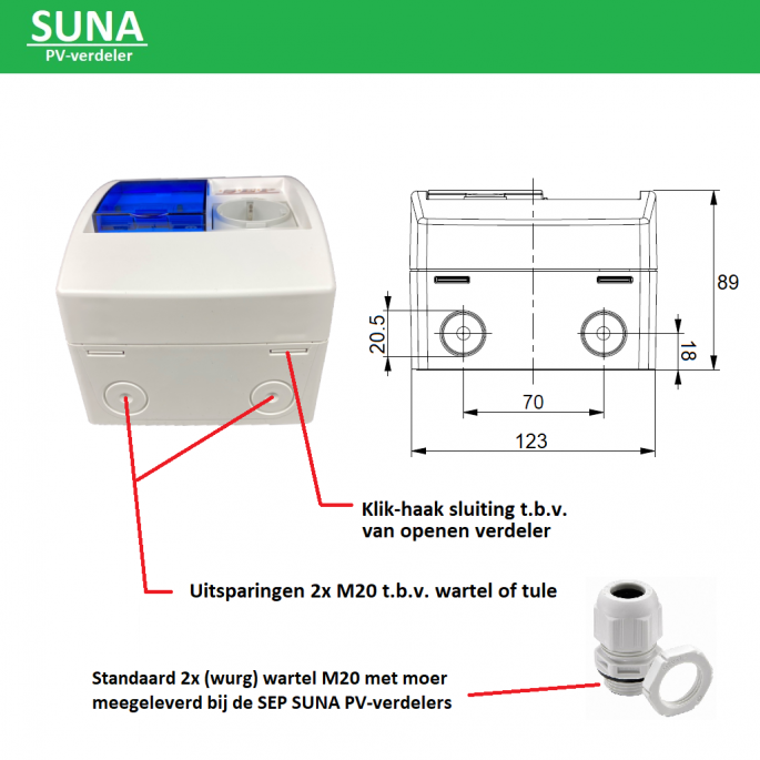 SEP PV-verdeler SUNA 5000W / 1x installatieautomaat, 1x aardlekautomaat en 1x WCD / PV-00C25V1