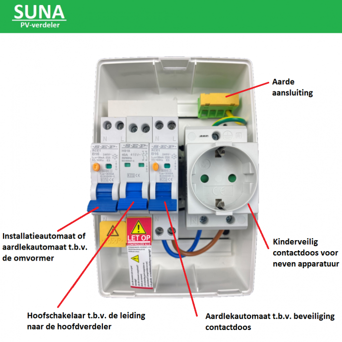 SEP PV-verdeler SUNA 3000W / 1x installatieautomaat, 1x aardlekautomaat en 1x WCD / PV-00C16V1