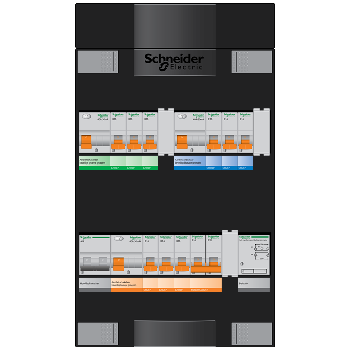 Schneider groepenkast 1 fase met 9 groepen + fornuisgroep en beltrafo ADVG2323234FTH1