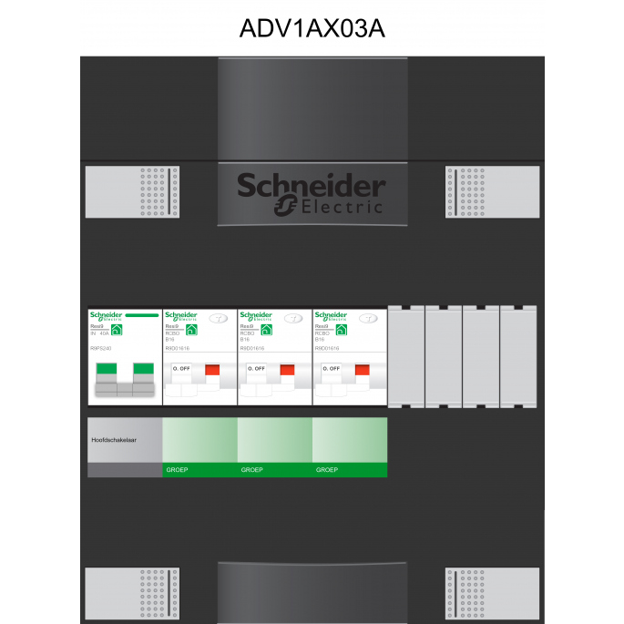 Schneider groepenkast 1 fase met 3 aardlekautomaten ADVA13000H1