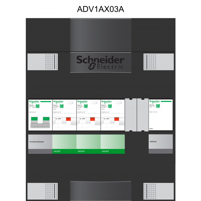 Schneider groepenkast 1 fase met 3 aardlekautomaten en beltrafo ADVA13000TH1