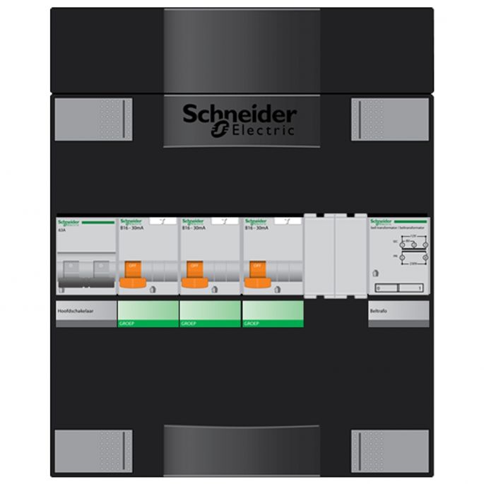 Schneider groepenkast 1 fase met 3 aardlekautomaten en beltrafo ADVA13000TH1