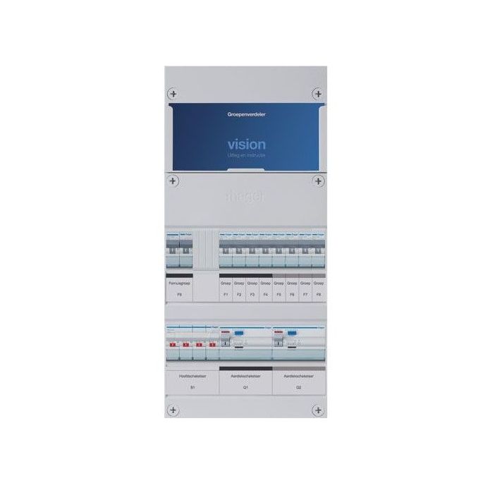 Hager groepenkast, 3 fase met 8 groepen en fornuisgroep, alt. voor VKG44L-F