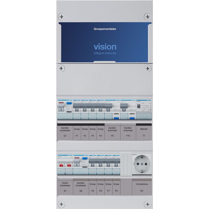 Groepenkast Hager | 10 Groepen 10 x Lichtgroepen 2 x Aardlekautomaten 1 x Beltransformator 1 x Wandcontactdoos | 1 Fase | VKG44E-AATW