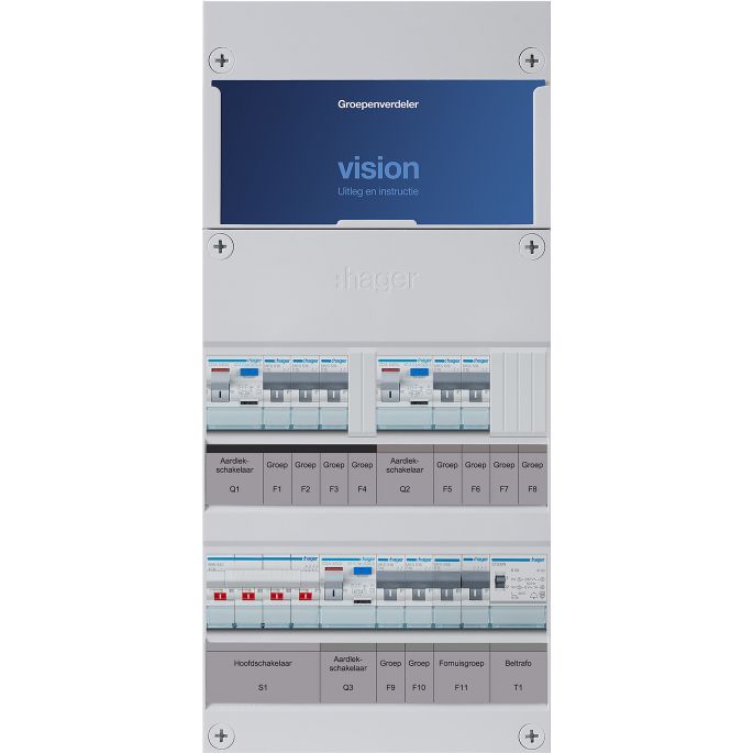 Groepenkast Hager | 8 Groepen 7 x Lichtgroepen 1 x Fornuisgroep 1 x Beltransformator | 3 Fase | VKG322L-FT 
