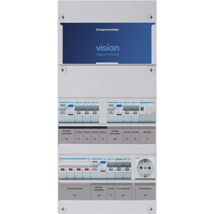 Groepenkast Hager | 7 Groepen 6 x Lichtgroepen 1 x Fornuisgroep 1 x Beltransformator 1 x Wandcontactdoos | 3 Fase | VKG312L-FTW