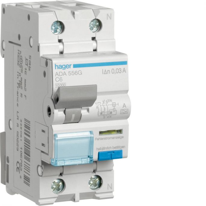 Hager aardlekautomaat / 1-polig + nul, 30mA, C6A / ADA556G