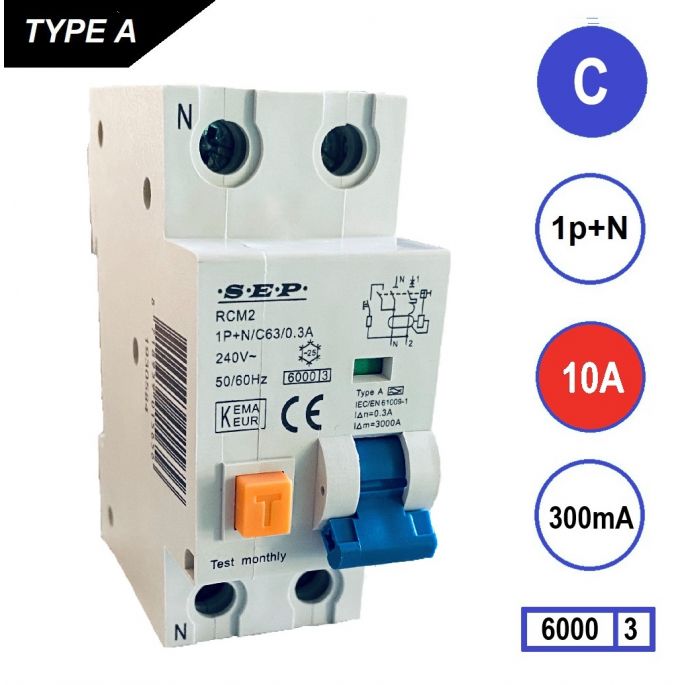 SEP aardlekautomaat / 10A, 300mA, C-kar, 1P+N / RCM2-C10.30