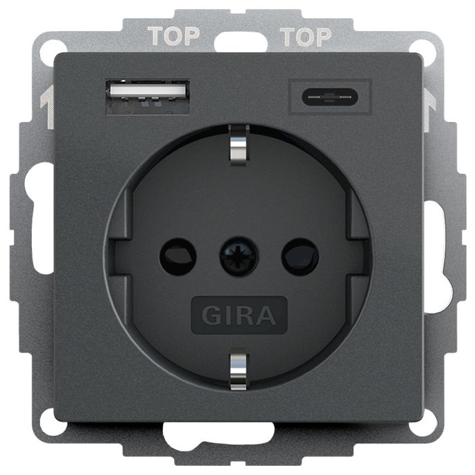 Gira / wandcontactdoos met randaarde, kinderbeveiliging en USB A/C aansluiting / antraciet / 245928