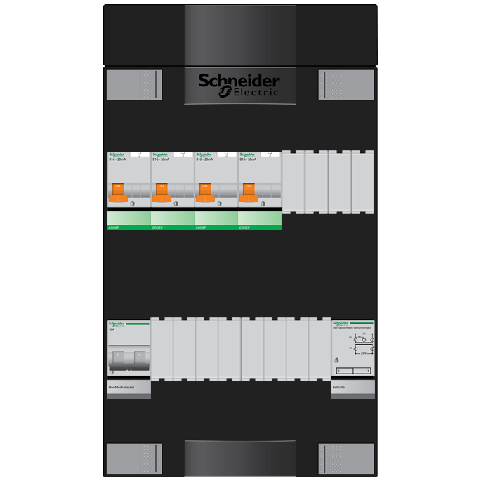 Schneider groepenkast 1 fase met 4 aardlekautomaten en beltrafo ADVAG14000TH1