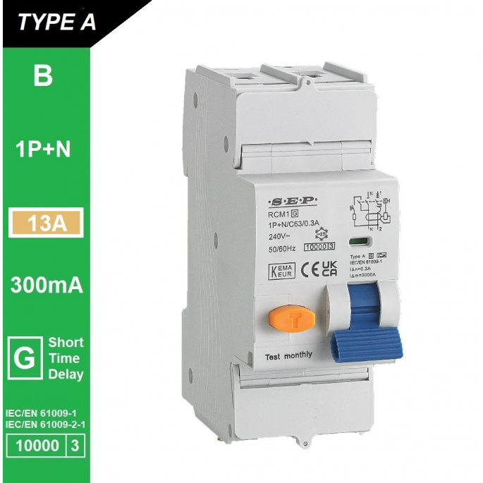 SEP RCM1 Aardlekautom. 1p+n, B13, 300mA, 10kA, Type A[G]