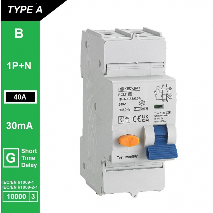 SEP aardlekautomaat type A(G) | 40A, 30mA, B-kar, 1P+N | RCM1-2AG-B40.03