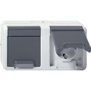 Gira | Wandcontactdoos randaarde 2-voudig horizontaal met klapdeksel | Spatwaterdicht Opbouw IP44 | 078130