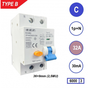 SEP aardlekautomaat type B | 32A, 30mA, C-kar, 1P+N (45mm) | RCMB-2C32.03
