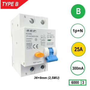 SEP aardlekautomaat Type B | 25A, 300mA, B-kar, 1P+N (45mm) | RCMB-2B25.30