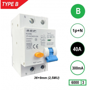 SEP aardlekautomaat Type B | 40A, 300mA, B-kar, 1P+N (45mm) | RCMB-2B40.30