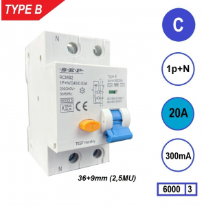SEP aardlekautomaat type B | 20A, 300mA, C-kar, 1P+N (45mm) | RCMB-2C20.30