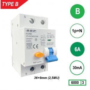 SEP aardlekautomaat type B | 6A, 30mA, B-kar, 1P+N (45mm) | RCMB-2B06.03