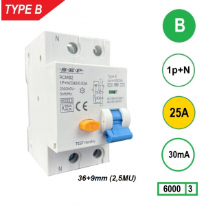 SEP aardlekautomaat Type B | 25A, 30mA, B-kar, 1P+N (45mm) | RCMB-2B25.03
