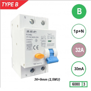 SEP aardlekautomaat Type B | 32A, 30mA, B-kar, 1P+N (45mm) | RCMB-2B32.03